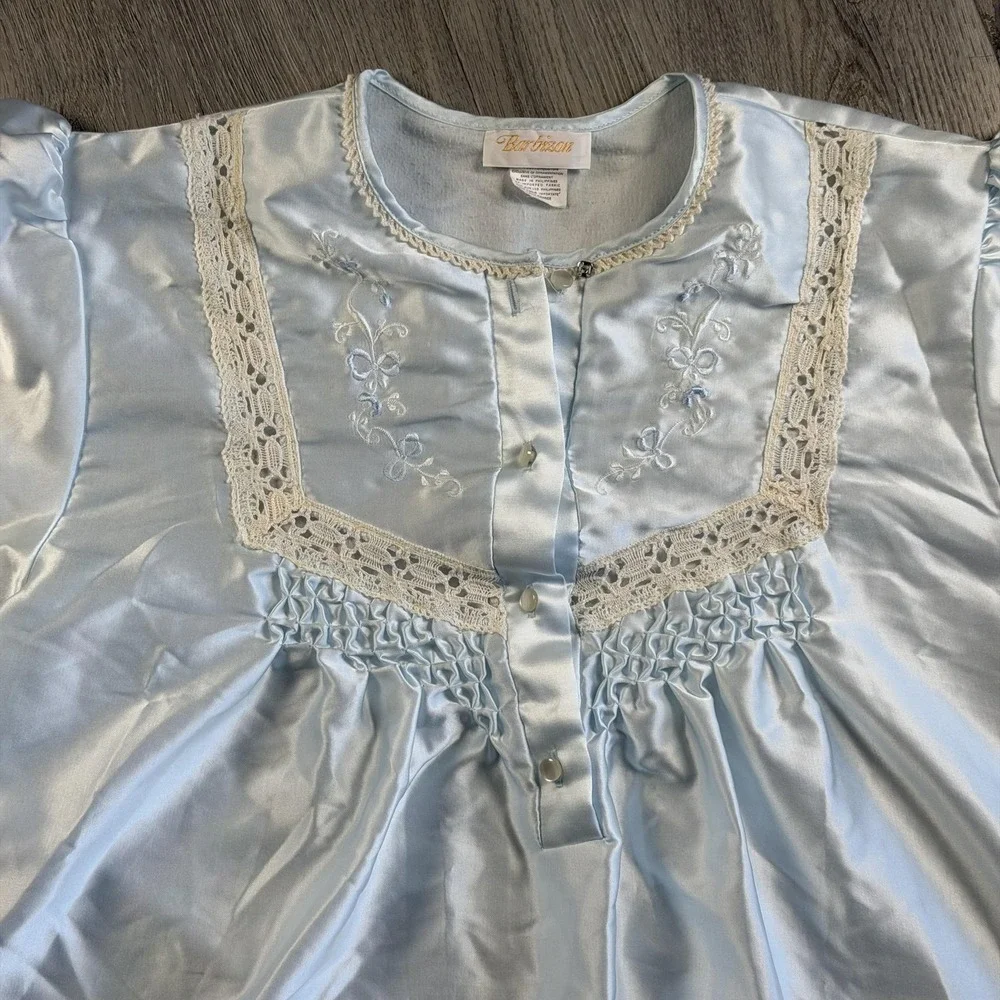 Vintage Barbizon‎ Satin Nightgown Womens Large Blue Lace Crochet Embroidered